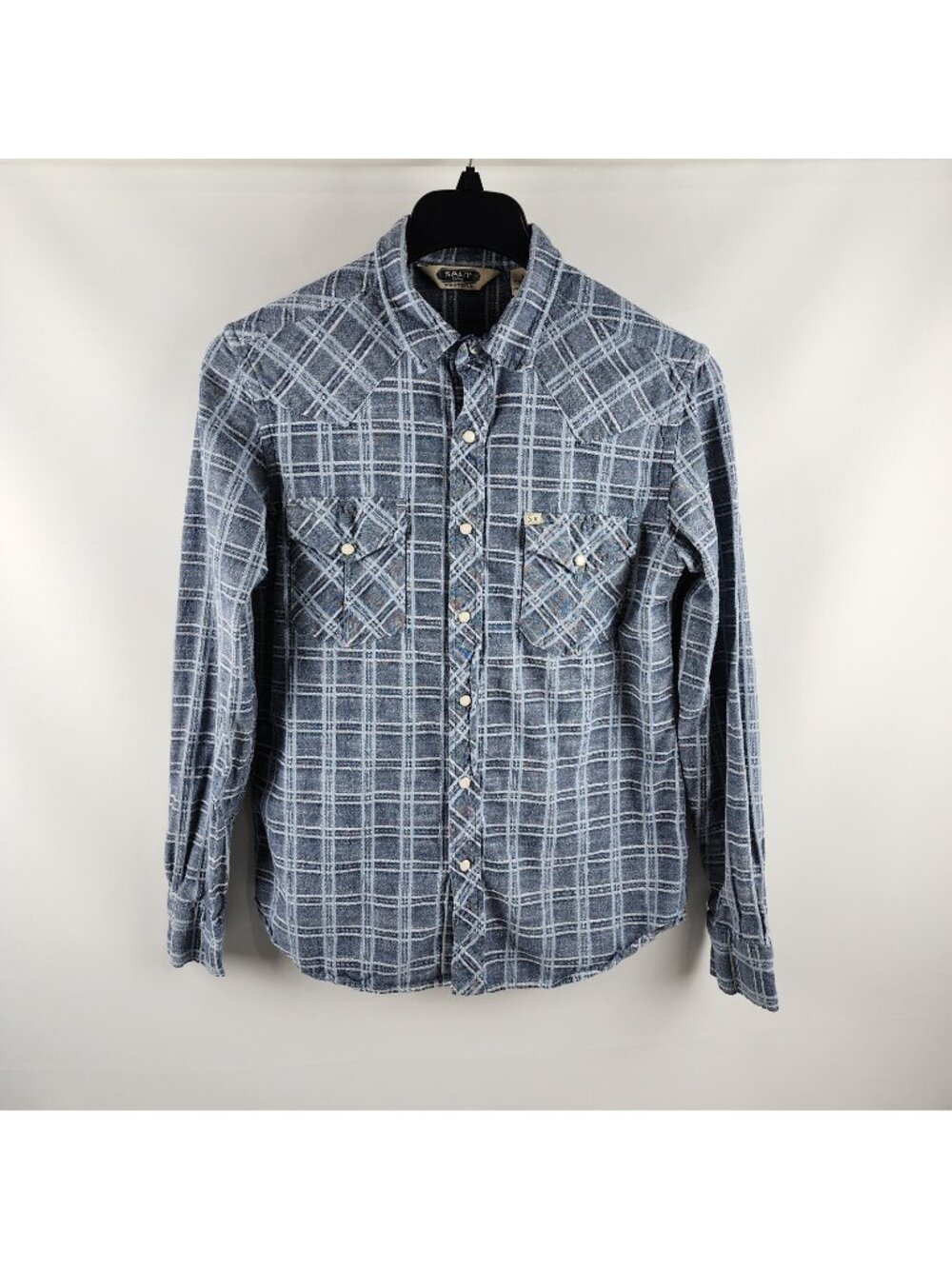 Salt Valley Shirt Mens M Blue White Plaid Western Pearl Snap L/S Button Up